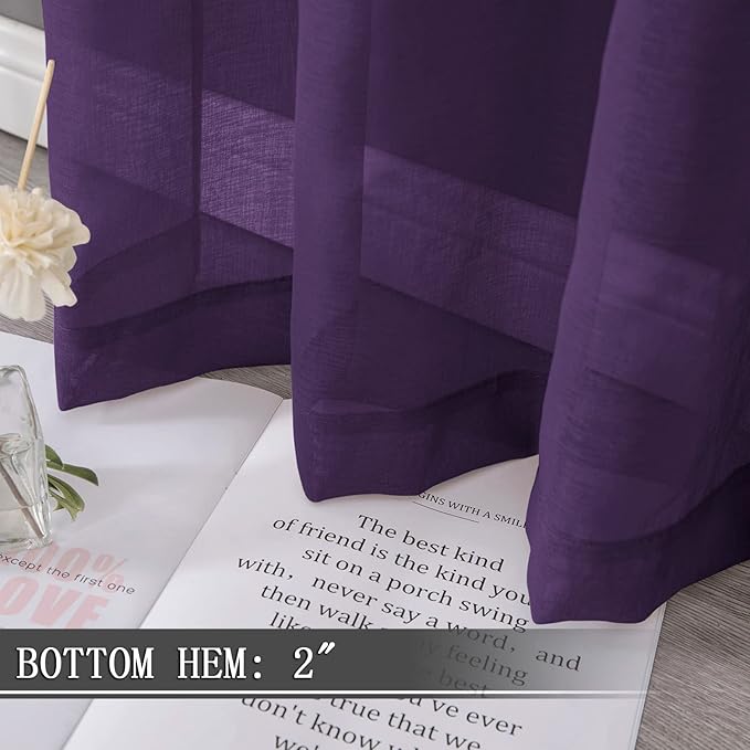 Tollpiz Short Sheer Tier Curtains Linen Textured Half Kitchen Curtain Sheers Light Filtering Rod Pocket Voile Small Curtain for Bathroom, 25 x 24 inches Long, Royal Purple, Set of 2 Panels