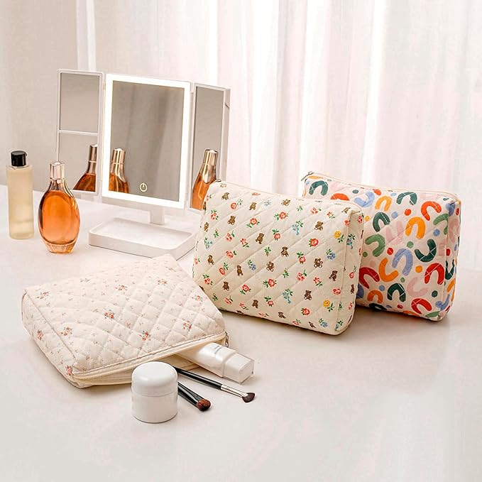 Gleyemor 2 Pieces (Large + Small) Quilted Makeup Bag, Cute Floral Cosmetic Bag for Women, Travel Toiletry Cotton Bag Tote Bag Organizer (Colorful U)