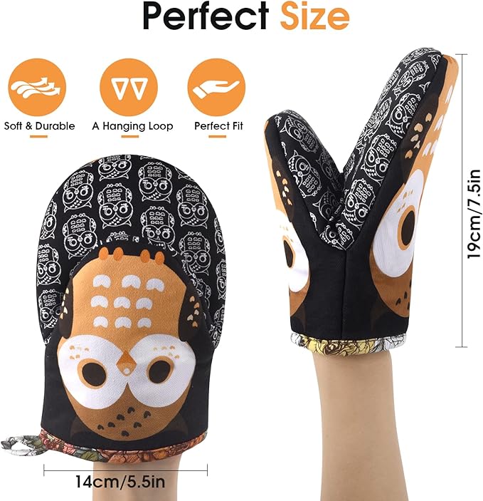 Mini Oven Mitts Cute,Silicone Oven Mitts Heat Resistant 500℉ with Non-Slip Grip and Soft Quilted Cotton Lining for Kitchen Cooking and Baking. Machine Washable-Owls Black