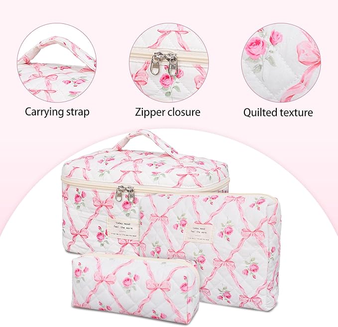 SXS LACONIC Quilted Makeup Bag,Large Cosmetics Bag Set,Cotton Coquette Floral Make up Pouch,Travel Toiletry Bag for Women
