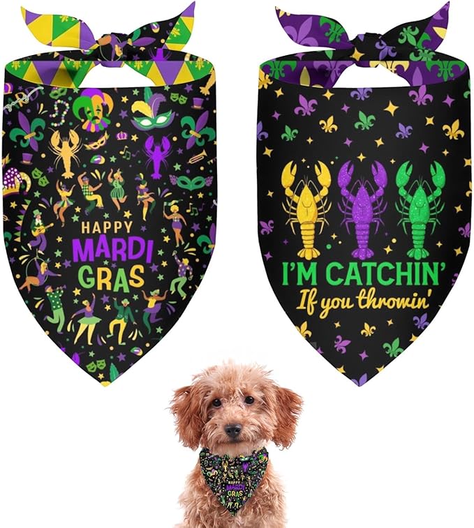 Mardi Gras Dog Bandana Reversible 2 Pack Small, Mardi Gras Pet Bandanas for Dogs Cute Purple Green Yellow Adjustable Triangle Holiday Scarves for Small Medium Boy Girl Dogs