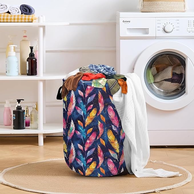 Colorful Feather Laundry Basket with Sturdy Handles, Collapsible Oxford Cloth Laundry Hamper Organizer Basket for Bathroom Bedroom 15.7x20 Inch