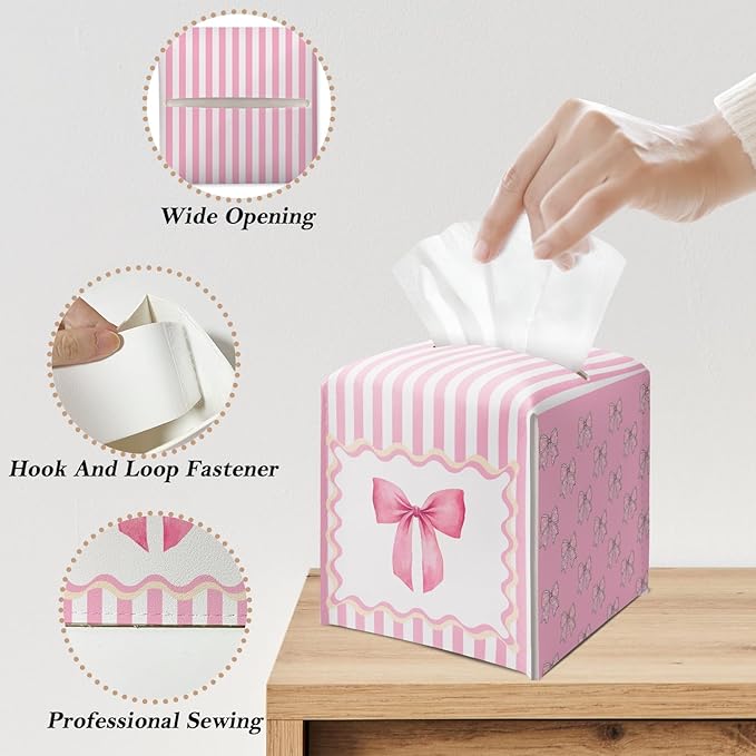 Cute Pink Bow Stripes Tissue Box Cover Square, Leather Tissue Holder with Bottom Belt, for Nightstands Desks Office Bathroom Car Vanity Home Decor Supplies -010
