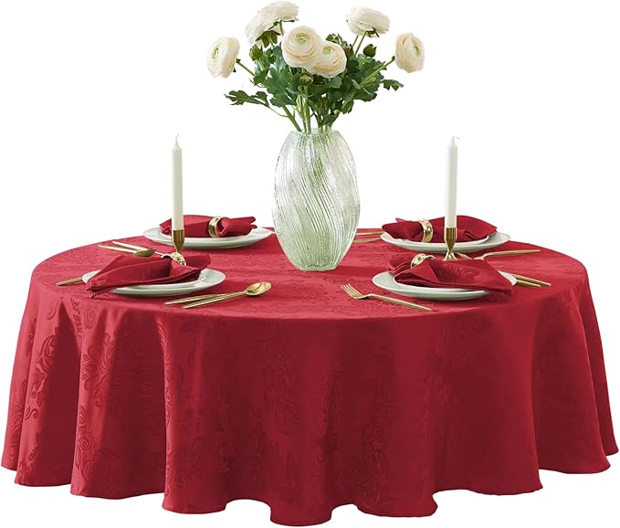 Newbridge Barcelona Damask Fabric Tablecloth, 70 Inch Round, Red – No Iron, Soil Resistant Table Cover for Dining, Parties and Holidays