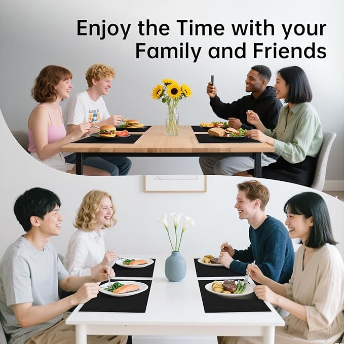 Blue Forest | Rectangular Faux Linen Placemats Set of 8 | Dual- Layered Thickened for Durability | Heat Resistant | Machine Washable | Wrinkle Free for Easy Care Indoor/Outdoor Use - Black
