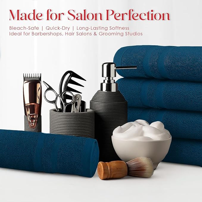 RIVERSIDE Pack of 24 Salon Towels Set – 16 x 26 Inches, 100% Ring Spun Cotton Highly Absorbent and Quick Dry Towels for Salon, Hand, Barber, Gym, Home & Hair Care, Navy Blue
