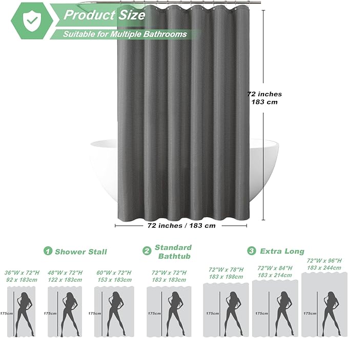 meioro Grey Shower Curtain, Waffle Weave 256GSM Heavy Duty Textured Fabric Shower Curtains for Bathroom Hotel Spa, Luxury Weighted Polyester Cloth Bath Curtain Set with 12 Hooks, 72Wx78H
