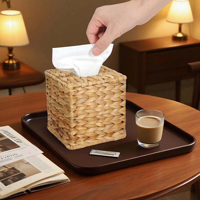 MHCLUE Water Hyacinth Square Tissue Box Cover - Handwoven Natural Fiber Decorative Tissue Holder for Living Room, Bedroom, Bathroom, Fits Standard Square Tissue Boxes, Farmhouse Home Organizer