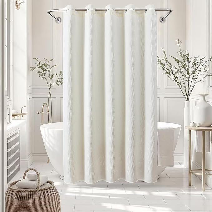 Zemyovia Waterproof No Hooks Waffle Shower Curtain, 260GSM Heavy Duty Fabric, with 10 Durable Split Grommets, Luxury Hotel Spa Style for Bathroom, Machine Washable, 74 x 72 Standard Size, Cream