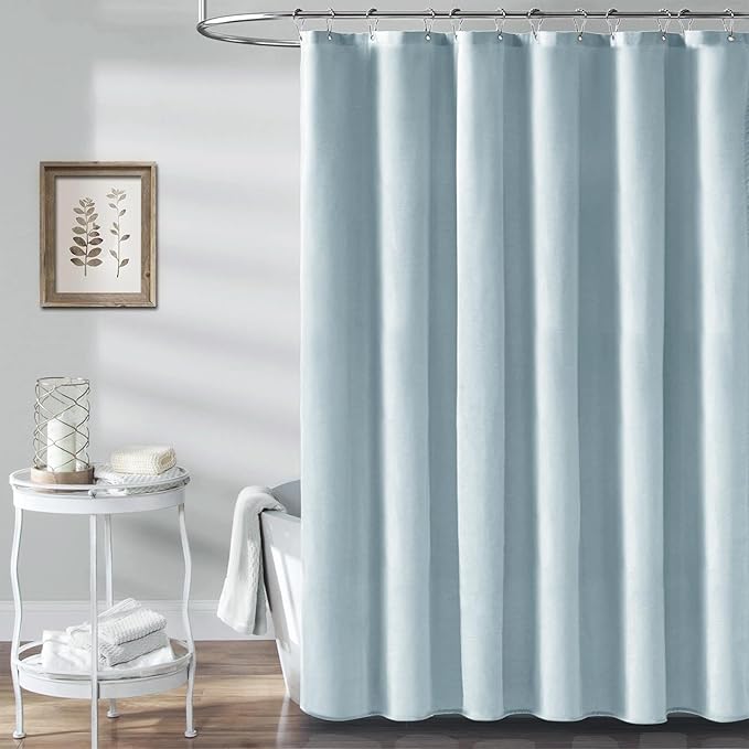 BTTN Fog Blue Shower Curtain - Linen-Look Heavy Duty Waterproof Cloth Shower Curtain Set with 12 Plastic Hooks, Hotel Spa Luxury Simple Decorative Thick Fabric Shower Curtains for Bathroom - 72x72