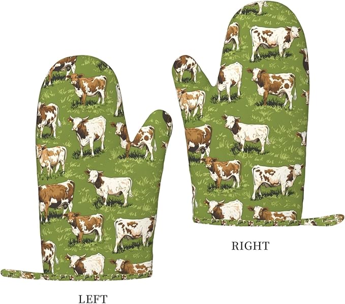 Heat Resistant Oven Mitts 2 Pack, 500°F Silicone Oven Gloves with Non-Slip Grip, Soft Quilted Cotton Lining for Baking, Grilling, BBQ, Cooking (Cow Green)