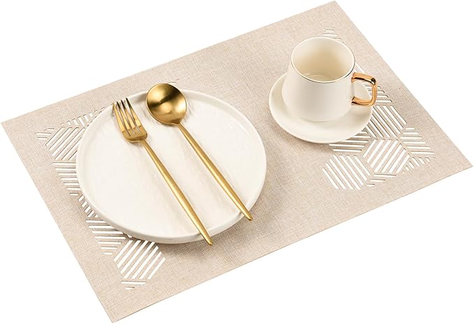 Decorative Placemats Set of 4 for Dining Table, Cloth Placemats with Hollow Design Table Cloth Set, Table Mats for Dining Table 12"x18" Sand