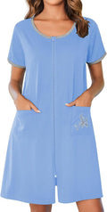 Ekouaer Zip Up Robes for Women Short Sleeves Zipper House Coat Short Bathrobes Lightweight Nightgown with Pockets S-3XL