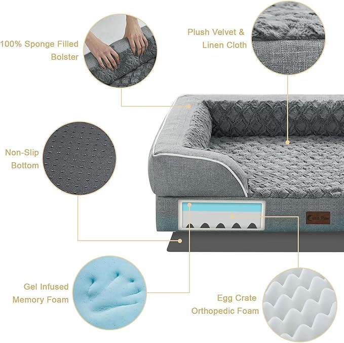 Casa Paw Orthopedic Dog Beds for Extra Large Sized Dogs, Waterproof Memory Foam XL Pet Bed with Sides 42x30Inch, Non-Slip and Egg-Crate Foam Big Dog Couch Bed with Removable Washable Cover, Grey