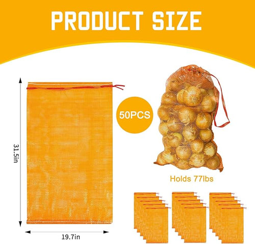 77 lbs Mesh Onions Fresh Bags 50pcs, 32"×20" Mesh Bags,Reusable Produce Bags with Drawstrings for Firewood, Vegetable, Citrus, Crawfish, Potato and Onion Storage