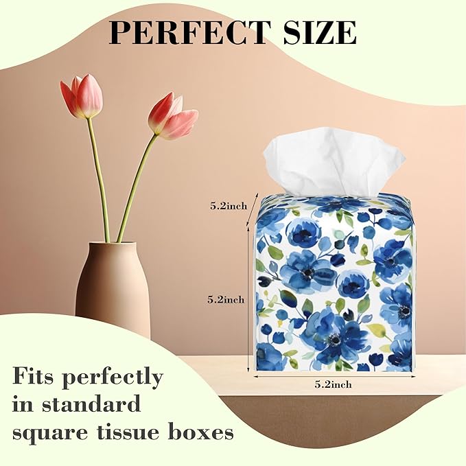 Blue Blooming Floral Flower and Plants Tissue Box Cover Square Leather Tissue Holder Waterproof Facial Paper Organizer Dispenser Cube Paper Cover Case for Home Office Bathroom Vanity Countertop