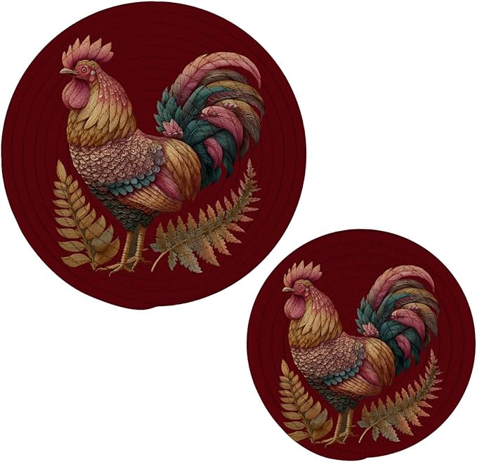 Boccsty Rooster Sunflower Trivet Mat 2PCS Farm Animal Round Woven Potholders Kitchen Table Countertop Protector Hot Pads Farmhouse Coasters Counter Mats?for Cooking Baking