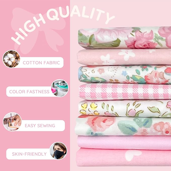 Aubliss 8pcs Fat Quarter Fabric Bundles (100% Cotton - 20'' x 20'') Quilting Cotton Craft Fabric Pre-Cut Squares Sheets for Patchwork Sewing Quilting Crafting(Rose)