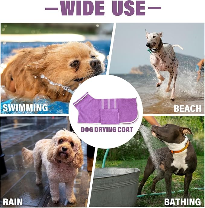 HhiMyOct Dog Robe - Fast Drying Towel - Microfiber Super Absorbent Pet Bathrobe, Adjustable Collar & Belly Strap (Purple, Large)