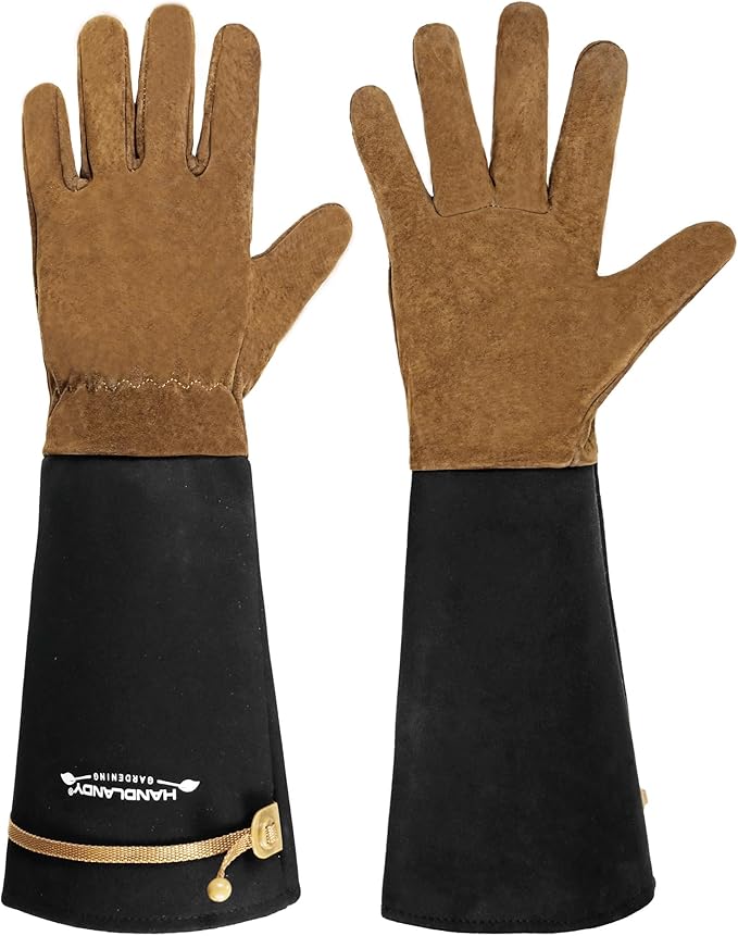 HANDLANDY Long Gardening Gloves for Men & Women, Pigskin Leather Rose Pruning Gloves, Breathable Thorn Proof Gauntlet Glove (Brown-Pigskin, S)