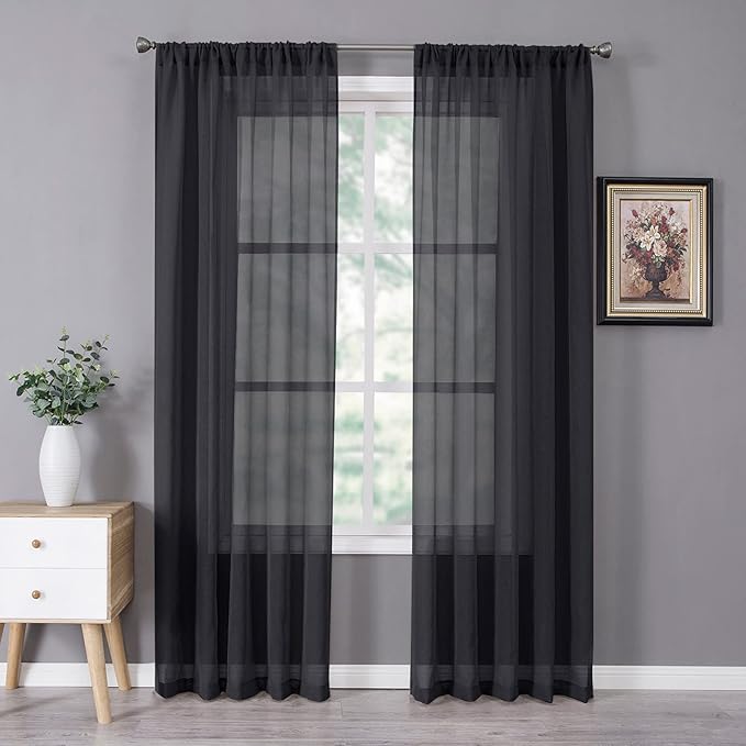 Tollpiz Sheer Curtain Linen Textured Bedroom Curtains Sheer Light Filtering Rod Pocket Voile Curtain for Living Room, 54 x 95 inches Long, Black, Set of 2 Panels