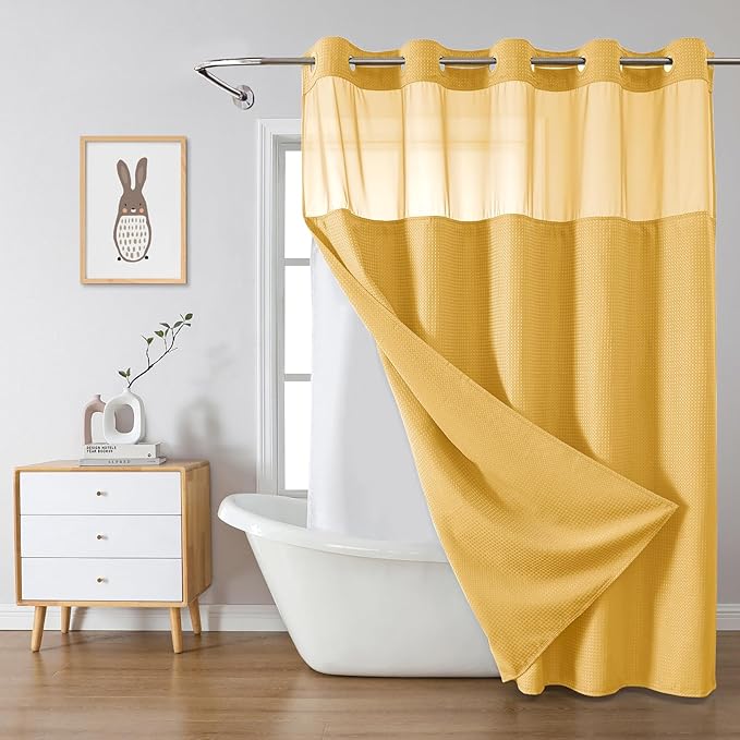 eachope Gold No Hook Waffle Weave Shower Curtain with snap-in Liner Replacement, 230GSM Waterproof Fabric Hotel Shower Curtain Set for Bathroom, Through Mesh Top Window,71Wx74H