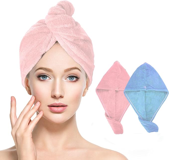 Houldhowd Microfiber Hair Towel, 2 Pack Coral Velvet Quick Drying Bandana, Anti Frizz Hair Towel Microfiber Hair Towels for Women (Large Blue, Pink)