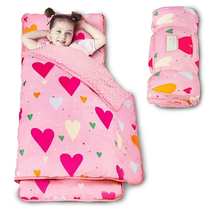 Beavtaens Toddler Nap Mat with Pillow and Minky Blanket, Large 55"x35" Sleeping Bag, Washable, Lightweight, Easy to Roll, Perfect for Preschool, Daycare, Kindergarten, Travel, Boys and Girls(Hearts)