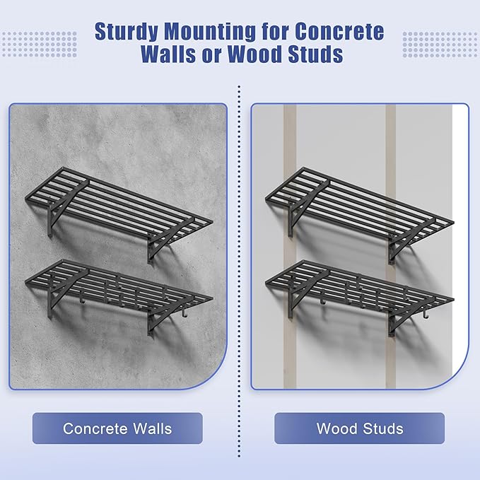 Jusgym 4-Pack 1.5x4ft Garage Shelving Wall Mounted, 1.5 x 4' Heavy Duty Garage Storage Shelves with Hooks, 800LB Capacity