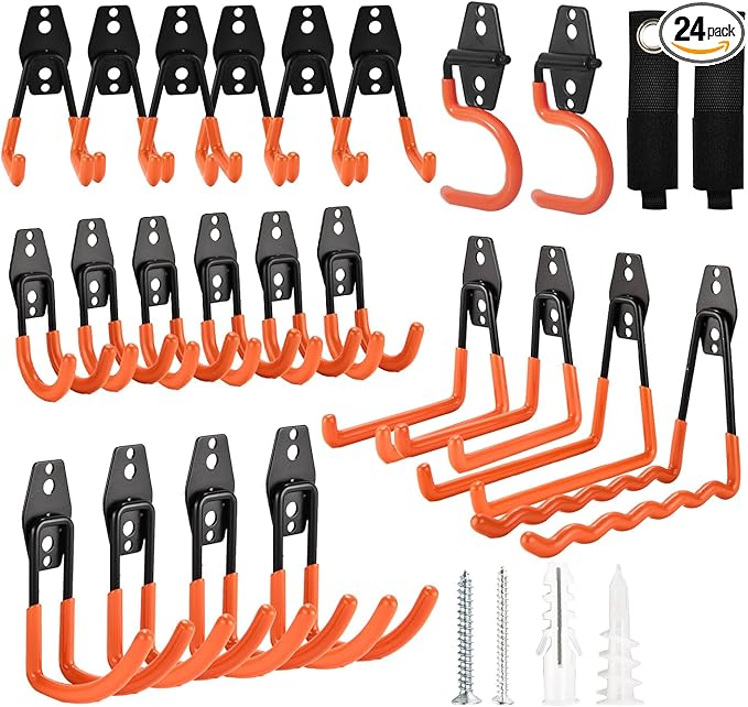 Rlipily 24 Pack Garage Hooks Steel Heavy Duty Garage Storage Hooks Utility Steel Wall Mount Garage Hanger&Organizer for Bikes,Garden Tools, Ladders, Bulk Items，Ropes and More Equipment