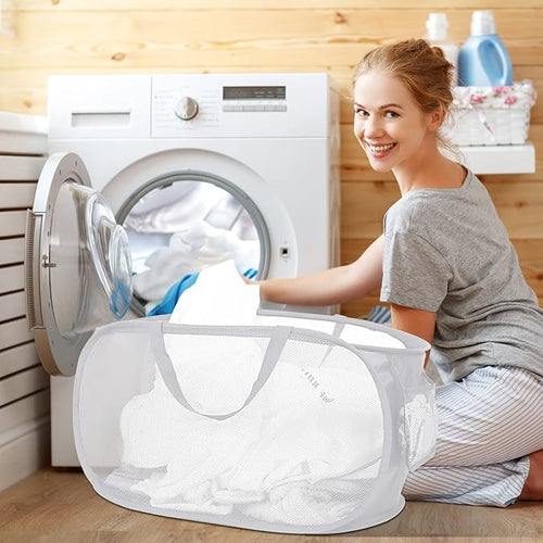 2 Pcs Durable Collapsible Laundry Baskets - Reinforced Mesh Pop Up Laundry Hamper with Pocket, Foldable Dirty Clothes Hamper with Carry Handles for Laundry, Bathroom, Kids Room, Dorm or Travel White
