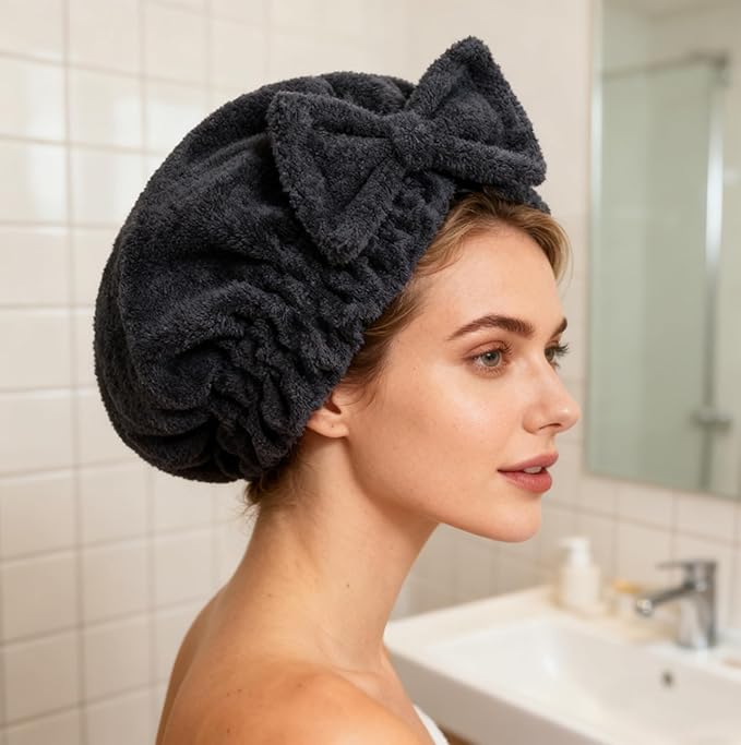 HOPESHINE Microfiber Hair Towel Cap for Women Wet Short or Long Curly Hair Super Absorbent Quick Dry Turbans Anti Frizz Great Gift for Women and Girls (Black, 1)
