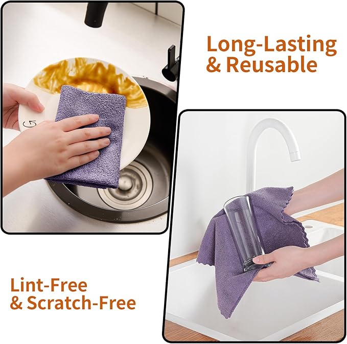 Tigona 80 Pack Microfiber Cleaning Cloth Roll,Lint Free Rags & Tear Away Reusable Towels Washable Scratch,Ultra Absorbent Dish Rags(12" x 12") for Car Kitchen Home Garage-Dark Purple