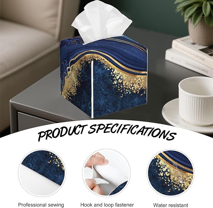 Blue Marble Tissue Box Cover,PU Leather Tissue Box Holder Square,Modern Home Decoration for Bathroom Living Room Kitchen Office Car,5.2"×5.2"×5.2"