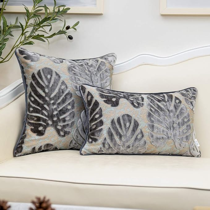 Alerfa 20 x 20 Inch Square Leaf Pillow Embroidery Cut Velvet Cushion Case Luxury Modern Lumbar Throw Pillow Cover Decorative Pillow for Couch Sofa Living Room Bedroom Car, Gray Silver