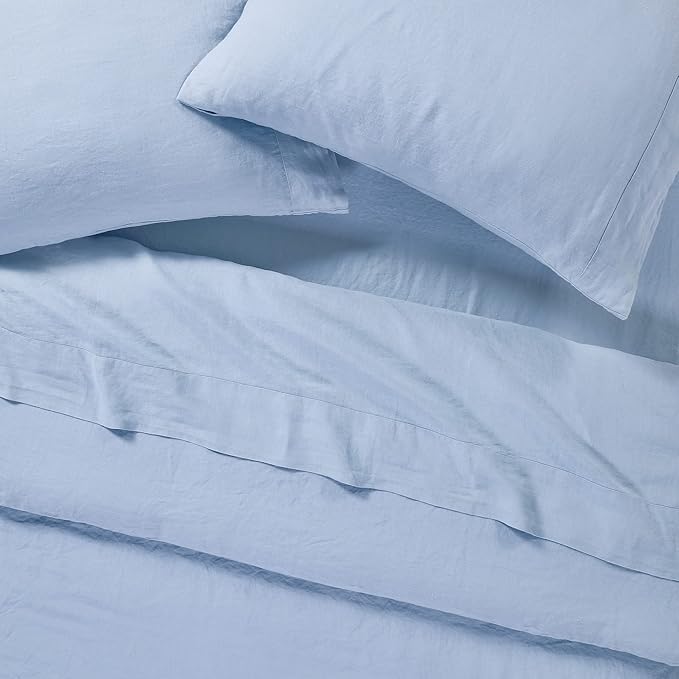 Sijo Stone Washed Organic French Linen Bed Sheet Set, GOTS Certified Organic, Best Cooling Linen Sheet Award by Sleep Foundation, 1 Flat Sheet Only (Sky, Full/Queen)