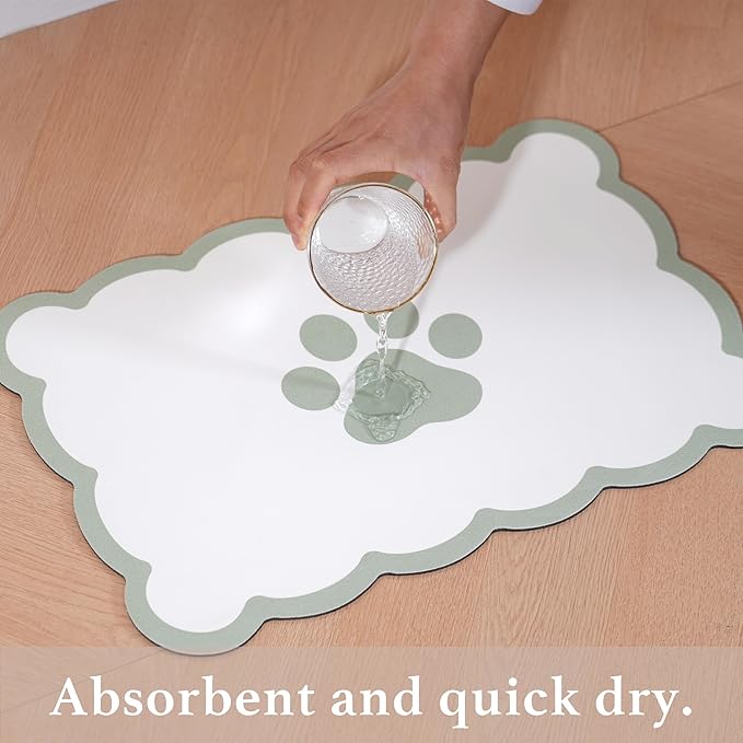 Ralxion Scalloped Dog Feeding Mat, Absorbent Mats for Dog Food and Water Bowl, Dispenser, Cute Elegant Aesthetic Preppy Sage Green Scallop Pet Placemat for Dogs, Cats, Puppy Accessories, 14" X 19”