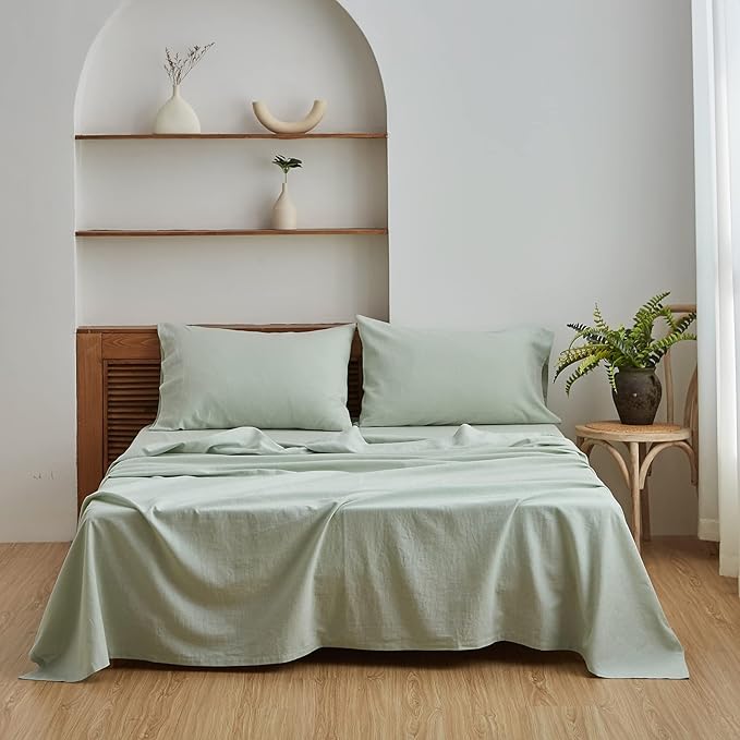 Simple&Opulence Belgian Linen Sheet Set Solid Color - 4 Pieces (1 Flat Sheet, 1 Fitted Sheet & 2 Pillowcases) Natural Flax Cotton Blend Soft Breathable Farmhouse Bedding - Queen Size, Mint Green