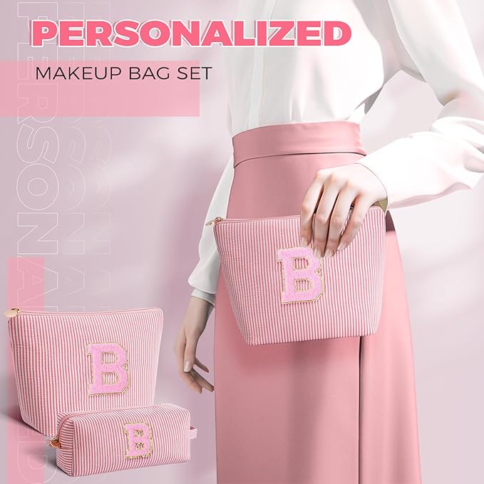 Btffitting Bridesmaid Gifts Wedding Day - Bridal Shower Gifts,Maid of Honor Gifts,Initials Makeup Bag Set Cosmetic Bag - Peach,B