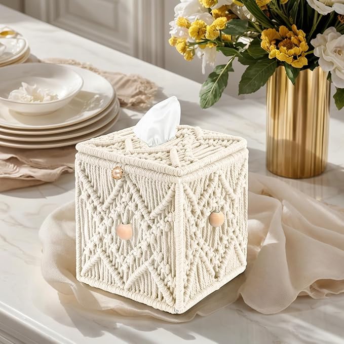 KaloKalo Handmade Tissue Box Cover Decorative Macrame Boho Square Tissue Holder Cotton Rope Woven Napkin Facial Paper Organizer Bohemian Desk Storage Container with Buckle Wood Beads (Ivory)