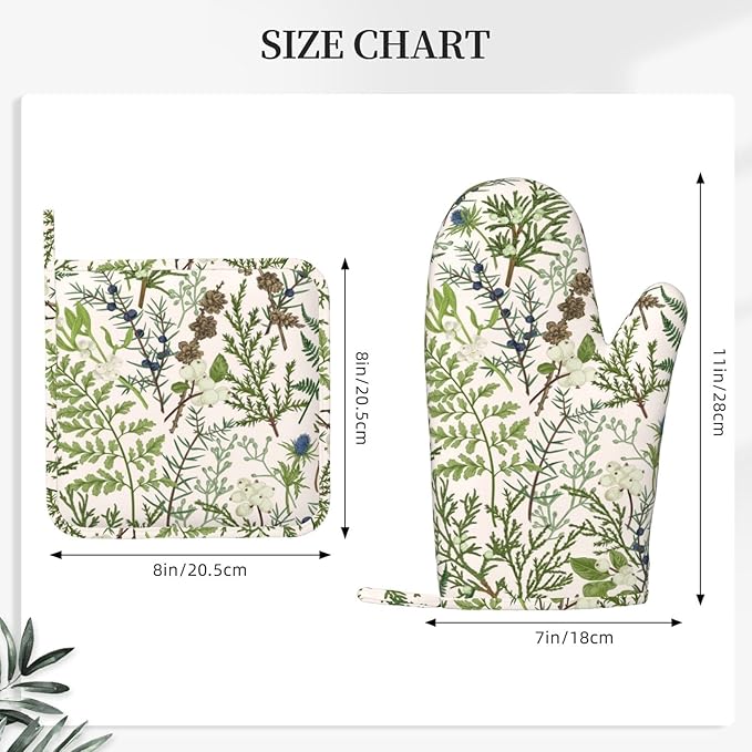 Botanical Print Oven Mitts and Pot Holders Set of 4 Silicone Vintage Floral Spring Sage Green Flower Plant Kitchen Mitten Gloves and Farmhouse Potholders Set Oven Gloves Hot Holders