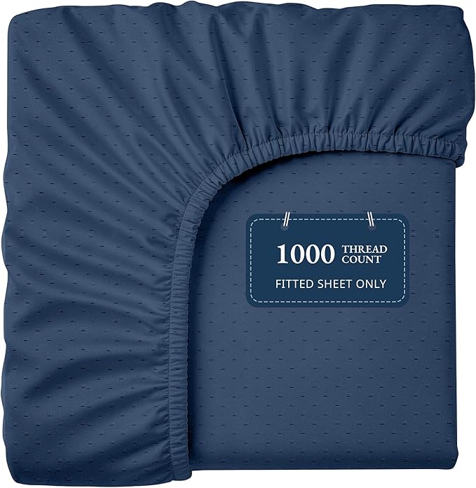 Lane Linen 100% Egyptian Cotton King Size Fitted Sheet Only (79"x81" + 16") - Elegant Sateen Weave, Ultra Soft, Breathable, Highly Durable, Deep Pockets Upto 17" - Swiss Dot Estate Blue