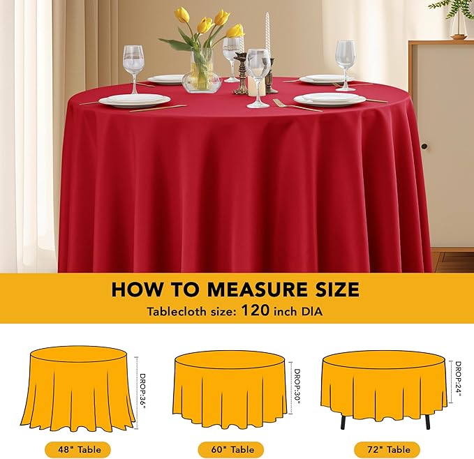 6-Pack Red Round Tablecloths, 120 Inches, Stain-Resistant Polyester for 5-6 Ft Round Tables - Washable Table Covers for Weddings, Banquets, Birthday Parties, Events