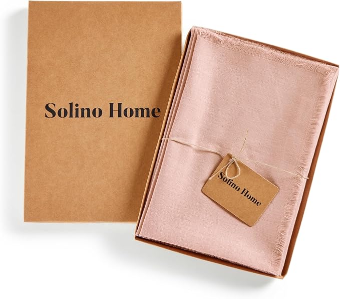 Solino Home Fringe Linen Cloth Napkins Set of 4-100% Pure Linen Misty Pink Dinner Napkins 20 x 20 Inch for Valentines, Spring, Easter - Handcrafted and Machine Washable