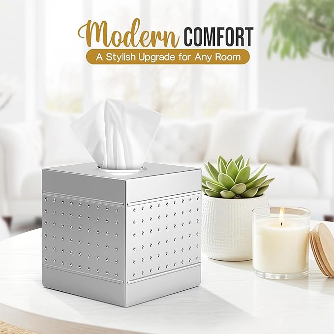 Handmade Metal Tissue Box Cover Square – 5x5x5.25 Inch - Elegant Pewter Tissue Holder – Modern Tissue Cover Box Adds Sleek Style to Bathroom, Bedroom & Office Décor