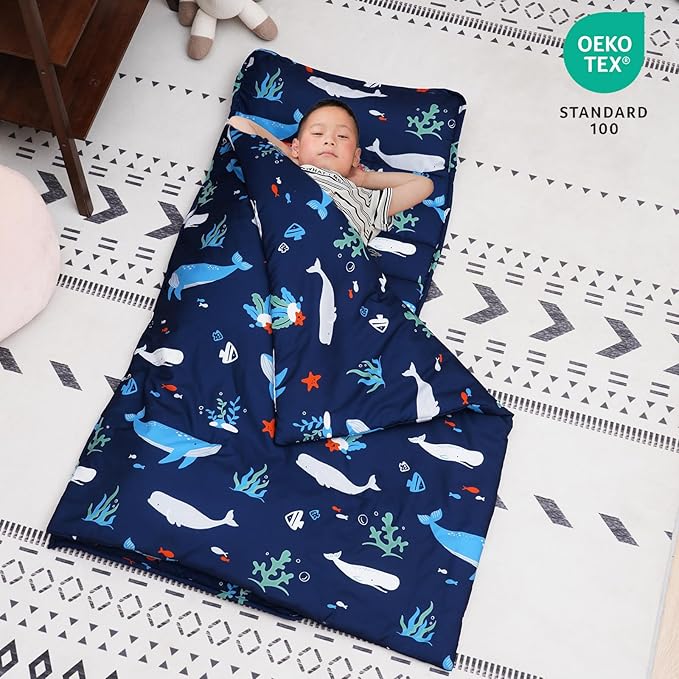 david's kids Toddler Nap Mat Set with Removable Pillow, Ultra Soft Slumber Bags for Boys，Perfect for Preschool, Daycare, Kids Sleeping Bags with Rollup Design, 50"x20", Ocean Animals Dark Blue