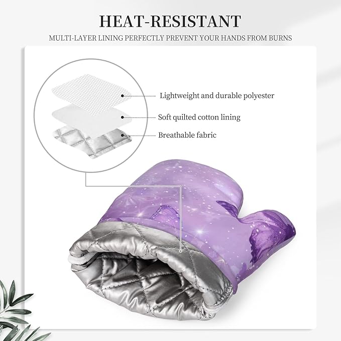 Oven Mitts Pot Holders Set Butterfly Purple Pastel Silicone Kitchen Gloves Potholders Heat Resistant for Chef Baking Cooking Grilling BBQ 4 Pack Mitt