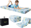 MeMoreCool Glow Dinosaur Kids Foldable Floor Mattress Mat with Carry Bag, 3-in-1 Tri-Fold Futon, Soft Plush Glow Cover, Portable for Travel, Blue 63x26 Inch