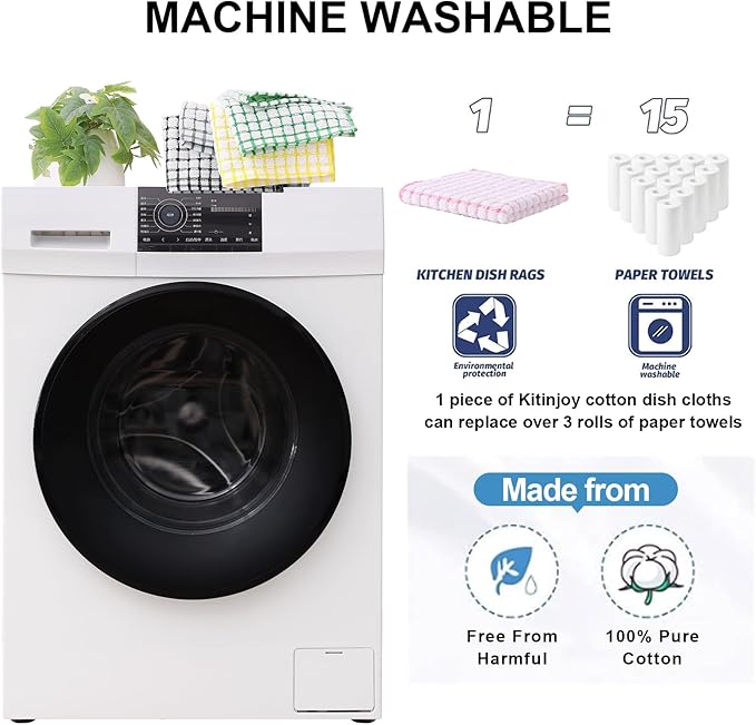 Kitinjoy Cotton 16 Pack Terry Kitchen Dish Cloths, 12 x 12 Inches Super Soft and Absorbent Dish Rags, Quick Drying Dish Towels for Washing Dishes, Multi-Colored