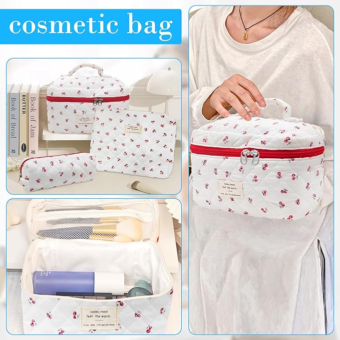 Cozomga Quilted Makeup Bag, Large Capacity Travel Cosmetic Bag for Women and Girls, Aesthetic Storage for Daily and Travel Use (3pcs-Cherry)